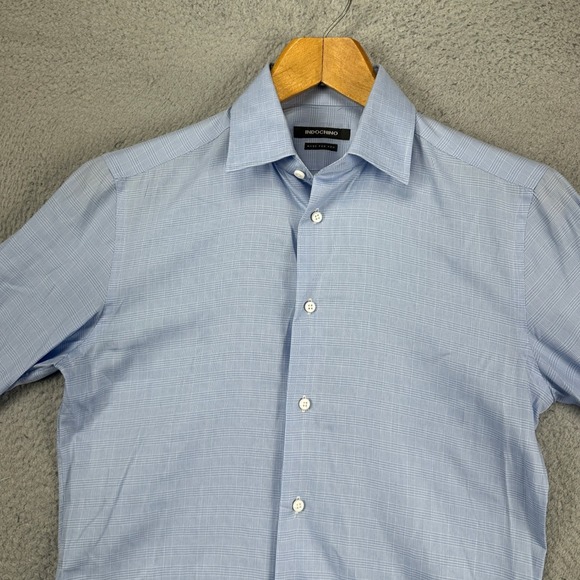 Indochino Adult Mens Button Up Shirt Small Light Blue Glen Check Long Sleeve